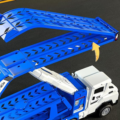 Large Dual Track Transporter Truck Toy Set with 6 Alloy Racing Cars - Blue