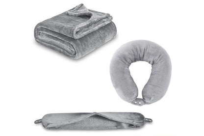 2 in 1 Travel Blanket and Pillow Flannel Blanket with Neck Pillow Case for Airplane Camping-Black