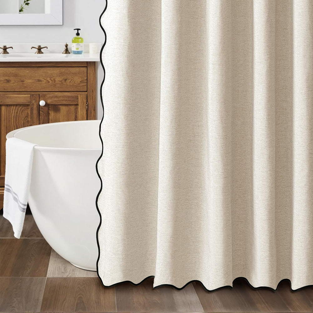 Waterproof Shower Curtain Thick Boho Wavy Edge With Rustproof Hooks-Beige