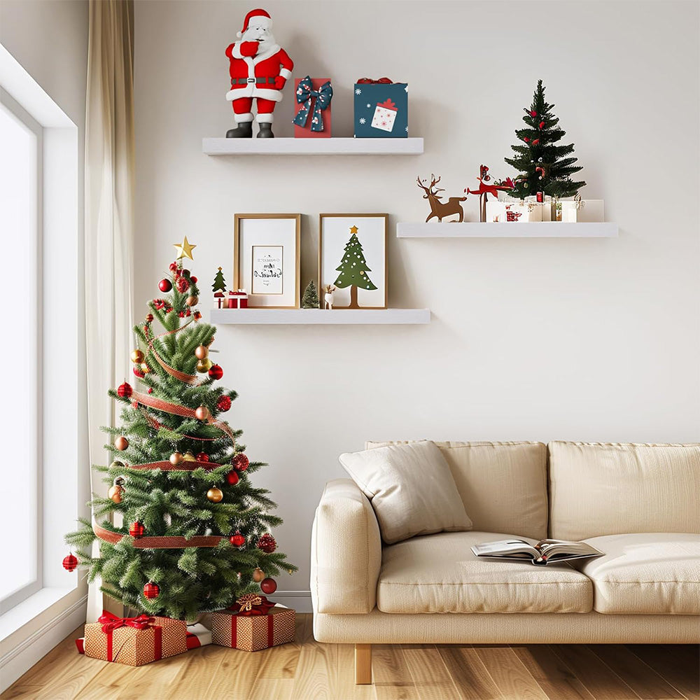 3Pcs Set Wall Mounted Floating Shelves Hanging Wood Storage Shelves for Home Bathroom White