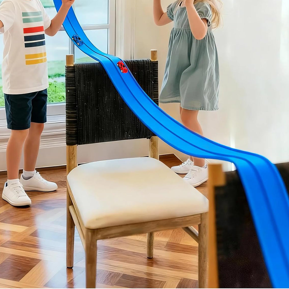 5-Meter Flexible Race Car Track with Base and 360-Degree Rotating Cars for Home Play Blue
