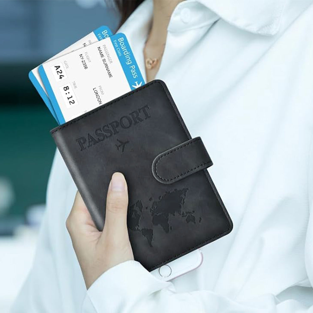 Passport Holder RFID Blocking Leather Cover Wallet With Magnetic Closure For Travel Essentials-Black