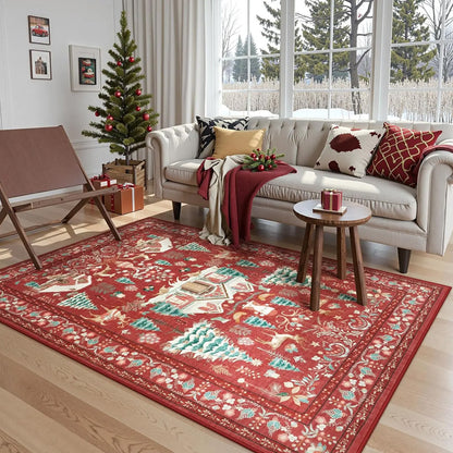 Vintage Christmas Crystal Velvet Area Rug Non-Slip Living Room Floor Mat - Red