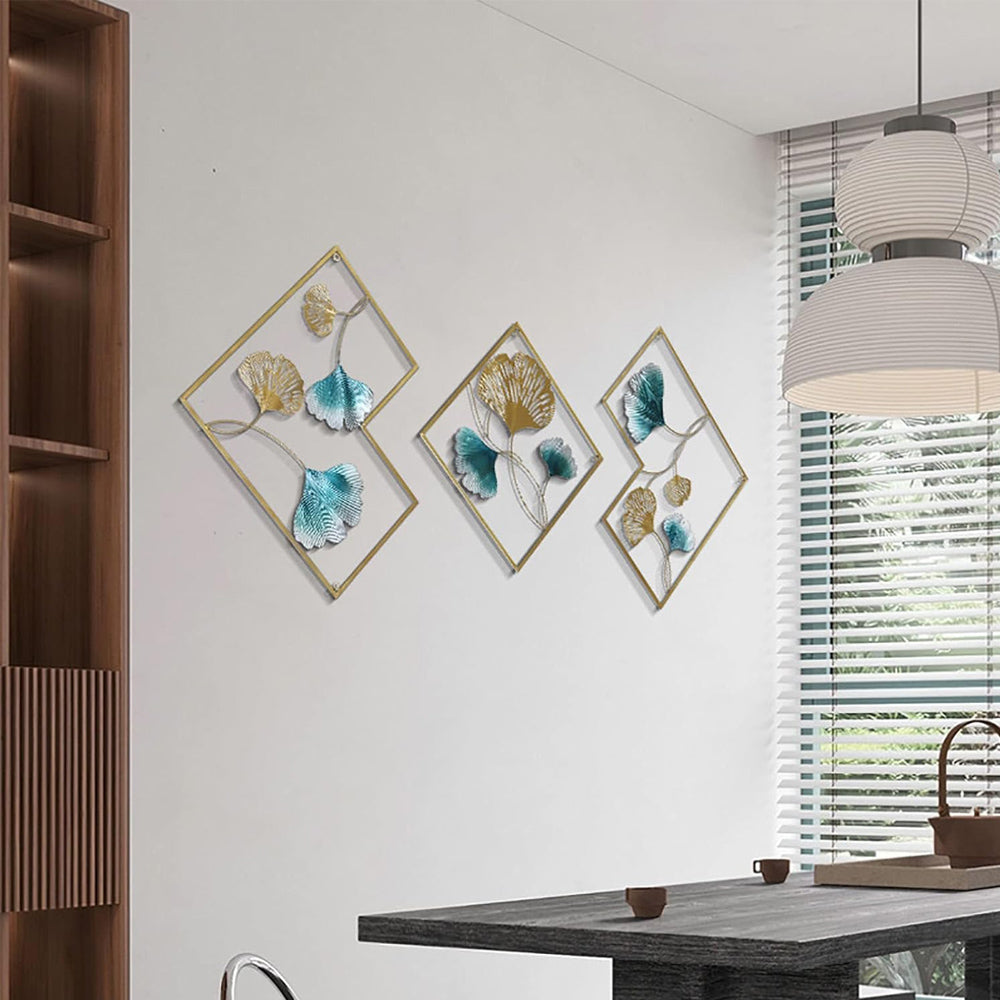 3 Pcs Set Ginkgo Leaf Sculpture Decor Metal Leaf Wall Art Ornaments Wall Hanging Decor Light Blue