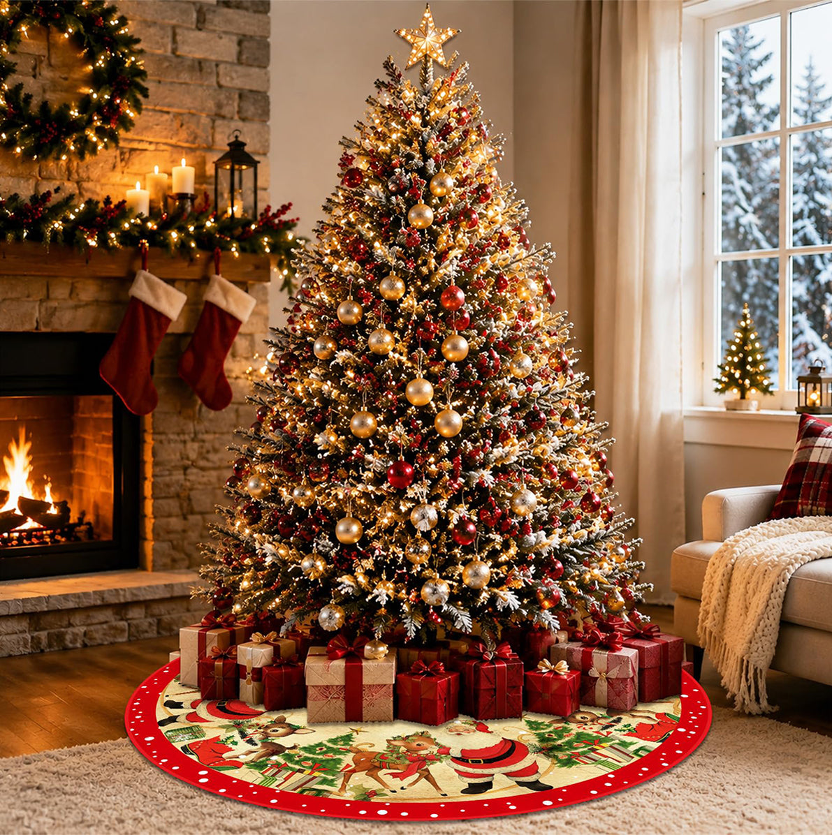 Christmas Tree Skirt Base Cover 120cm 150cm with Red Ties