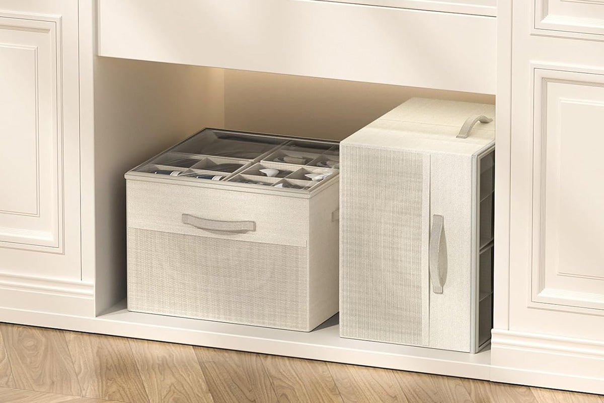 Shoe Organizer Foldable Shoe Storage Containers with Dividers and Lid -Beige