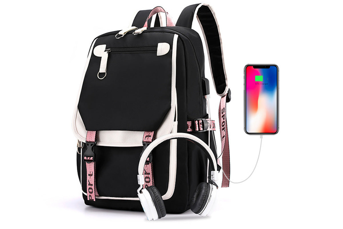 Girls Backpack Middle School Students Bookbag with USB Charge Port-White