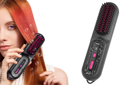 2-in-1 Ionic Hair Straightener Brush with Anti-Scald Ceramic Straightening Brush -Rose Red