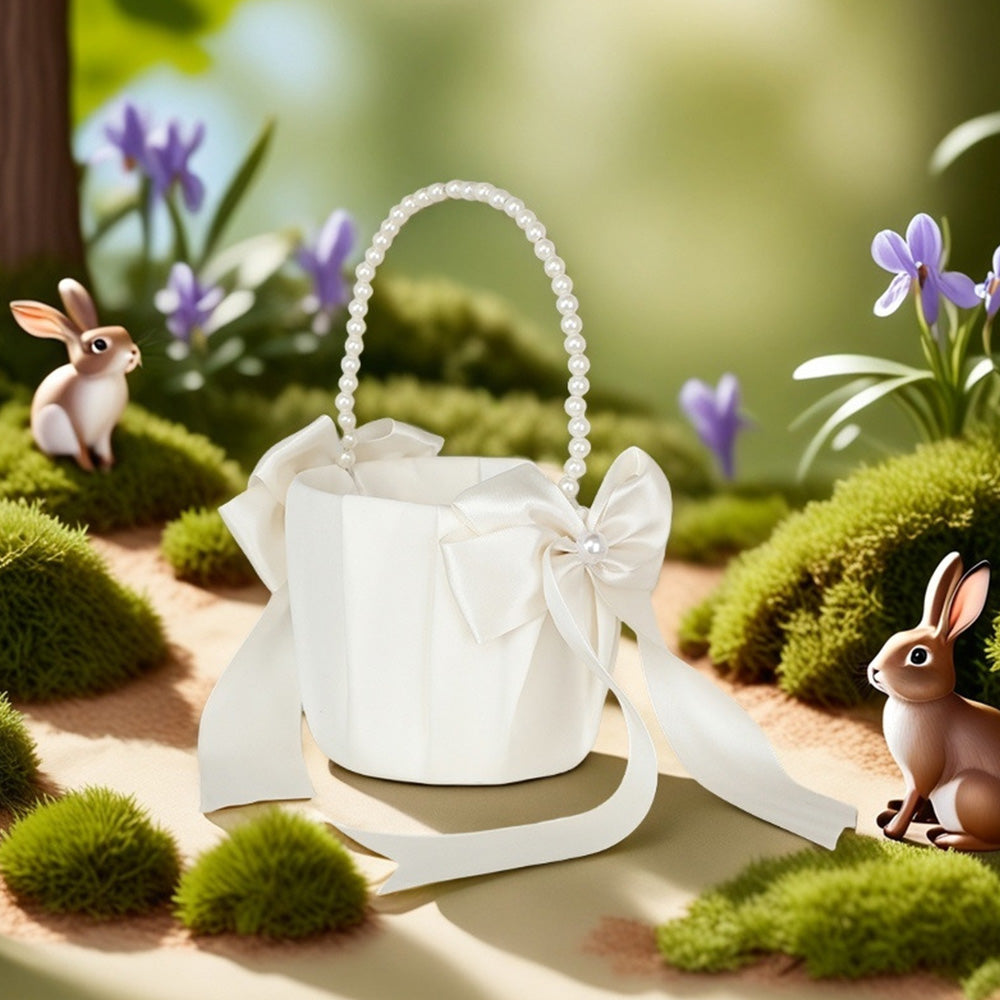 Wedding Flower Girl Basket ¨C Pearl Handle with Bowknot Satin Ribbon