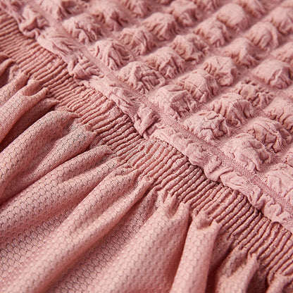 Seersucker Couch Cover with Ruffle Hemline Stretch Sofa Cover -Pink
