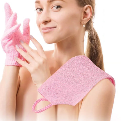 Exfoliating Shower Bath Gloves Back Scrubber Set for Body Face Dead Skin Removing Pink