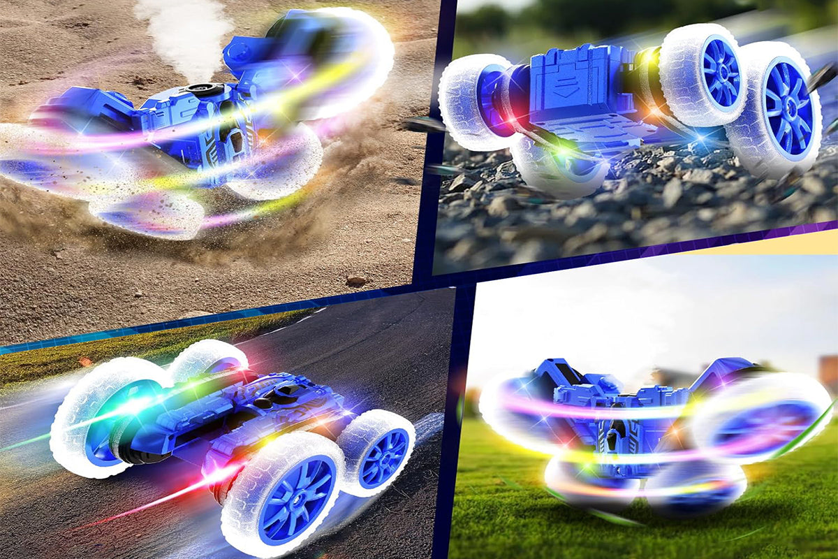 Remote Control Car 360 Degree Rotating RC Cars with Cool Spray 2.4Ghz Double Sided RC Stunt Car with Cool Lights-Blue