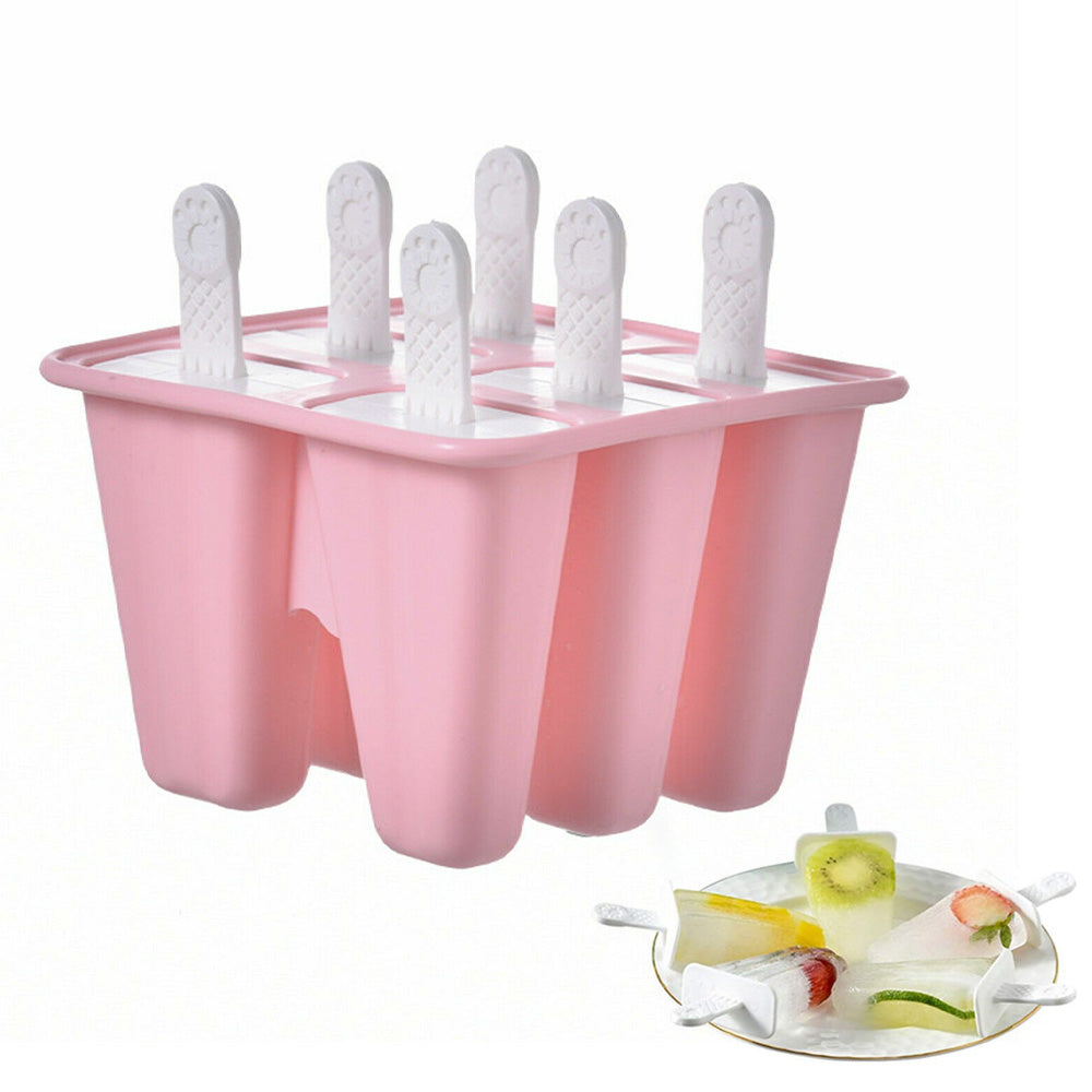 6 Cavity Ice Cream Mould Block Popsicle Molds Ice Lolly Mold With Sticks -Pink