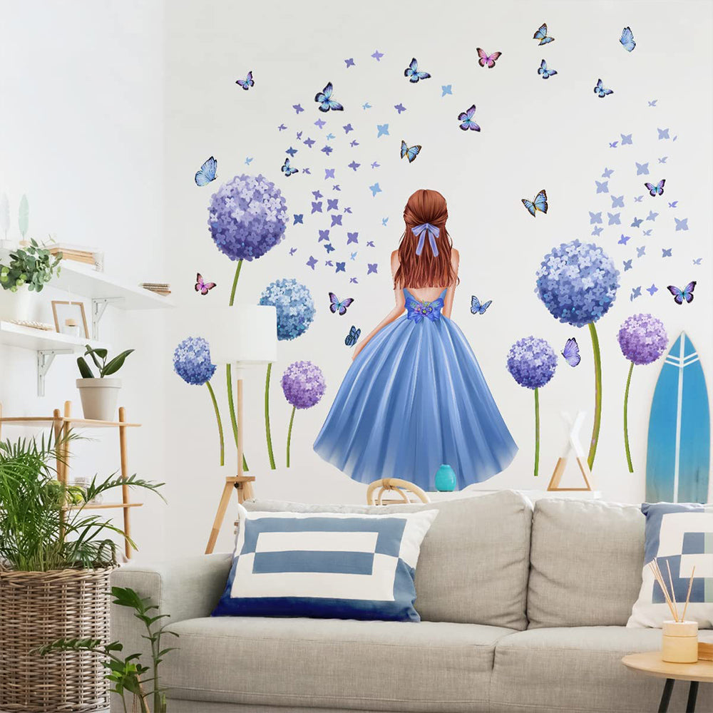 Girl Butterfly Wall Stickers Blue Flower Wall Decal