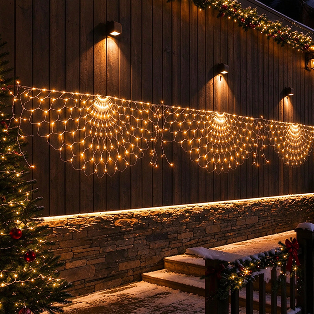 3 Panel Waterfall Curtain Lights Solar Peacock Net String Lights - Warm White