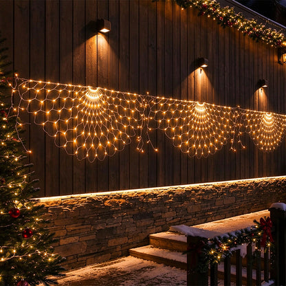 3 Panel Waterfall Curtain Lights Solar Peacock Net String Lights - Warm White