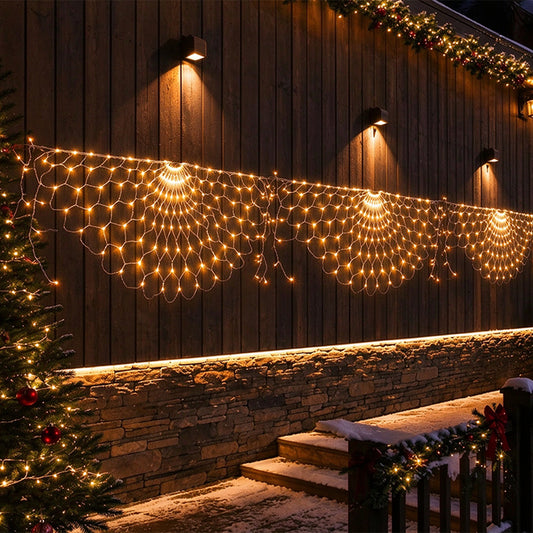 3 Panel Waterfall Curtain Lights Solar Peacock Net String Lights - Warm White