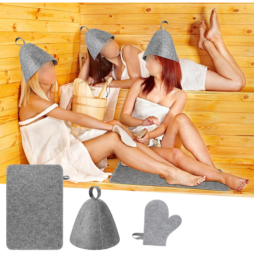 3Pcs Sauna Felt Kit with Hat and Gloves-Grey