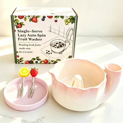 Self-Spinning Ceramic Berry Washing Bowl Set with  2 Fruit Forks -Pink