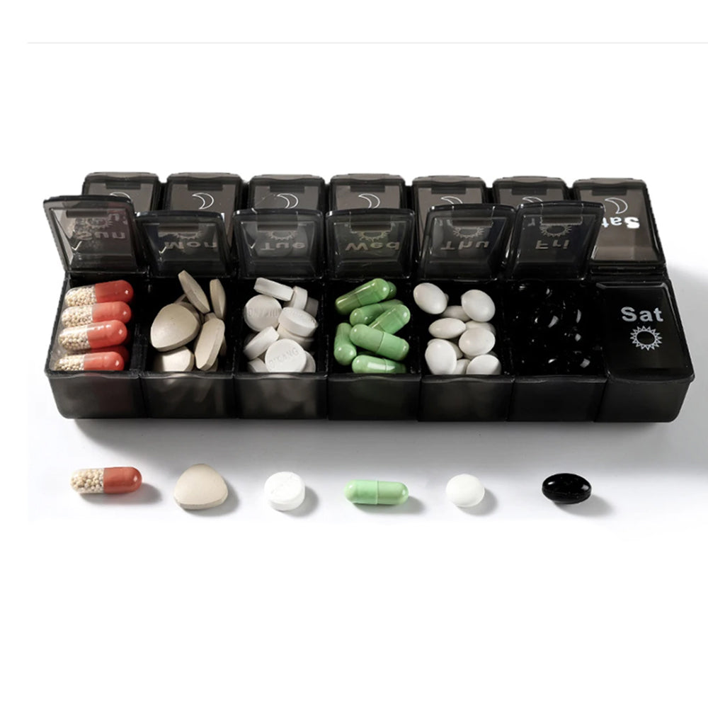 Pill Box Organiser 7-Day Weekly for AM PM Day Night Pill Case with 14 Compartments Black