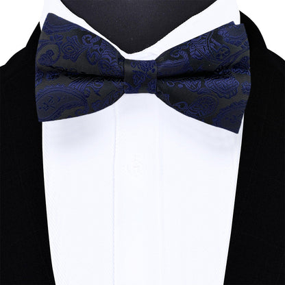 4 Piece Mens Jacquard Pre Tied Bow Tie Pocket Square and Cufflink Set - Dark Blue