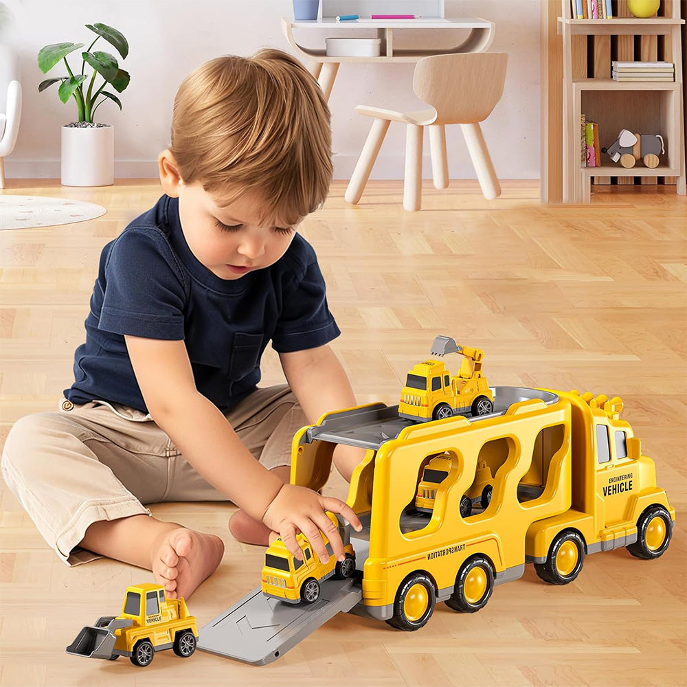 Construction Truck Toys with 6 Mini Cars for Kids Electric Carrier Toy Set