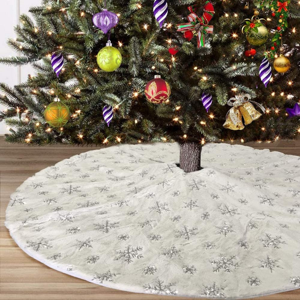 Sequin Christmas Tree Skirt Plush Snowflake Xmas Decoration for Christmas Winter Party -Silver