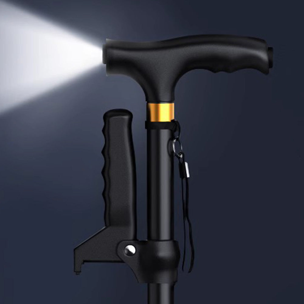 Folding Support Cane Adjustable Height LED Light Quad Base For Daily Use