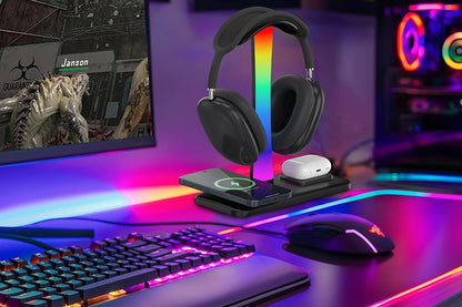 Headphone Stand with Wireless Charger Gaming Headset Stand with RGB Light for Airpod Pro iPhone Samsung -Black