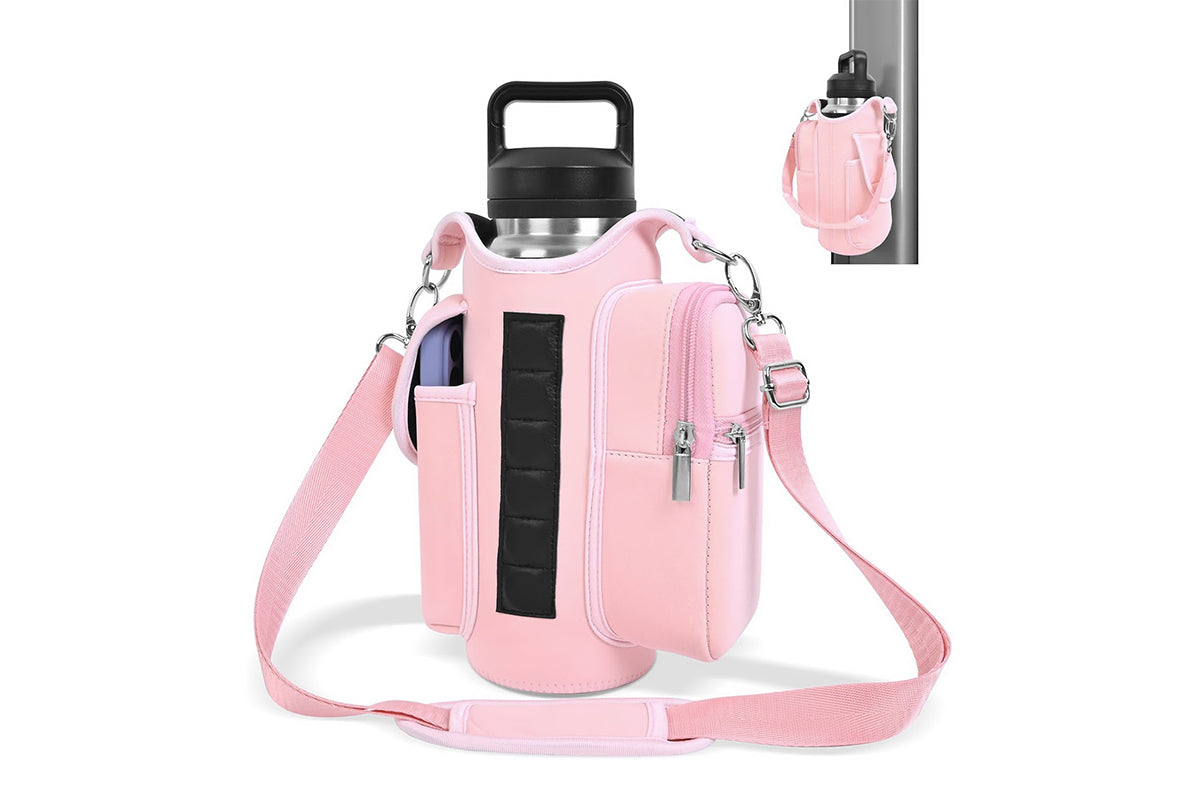Magnetic Gym Bag Water Bottle Carrier Holder with Phone Pockets Shoulder Strap -Pink