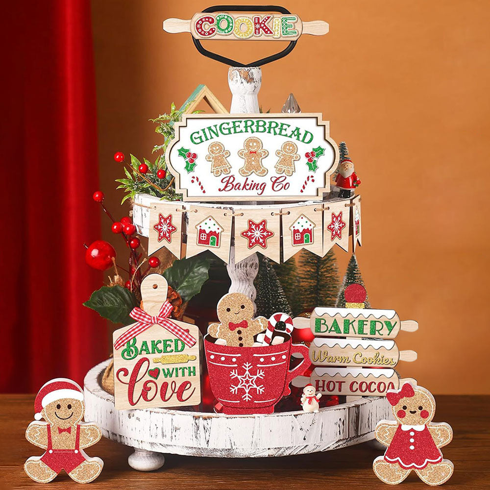 13Pcs Christmas Wooden Sign for Tiered Tray Gingerbread Man Xmas Tabletop Signs Decor