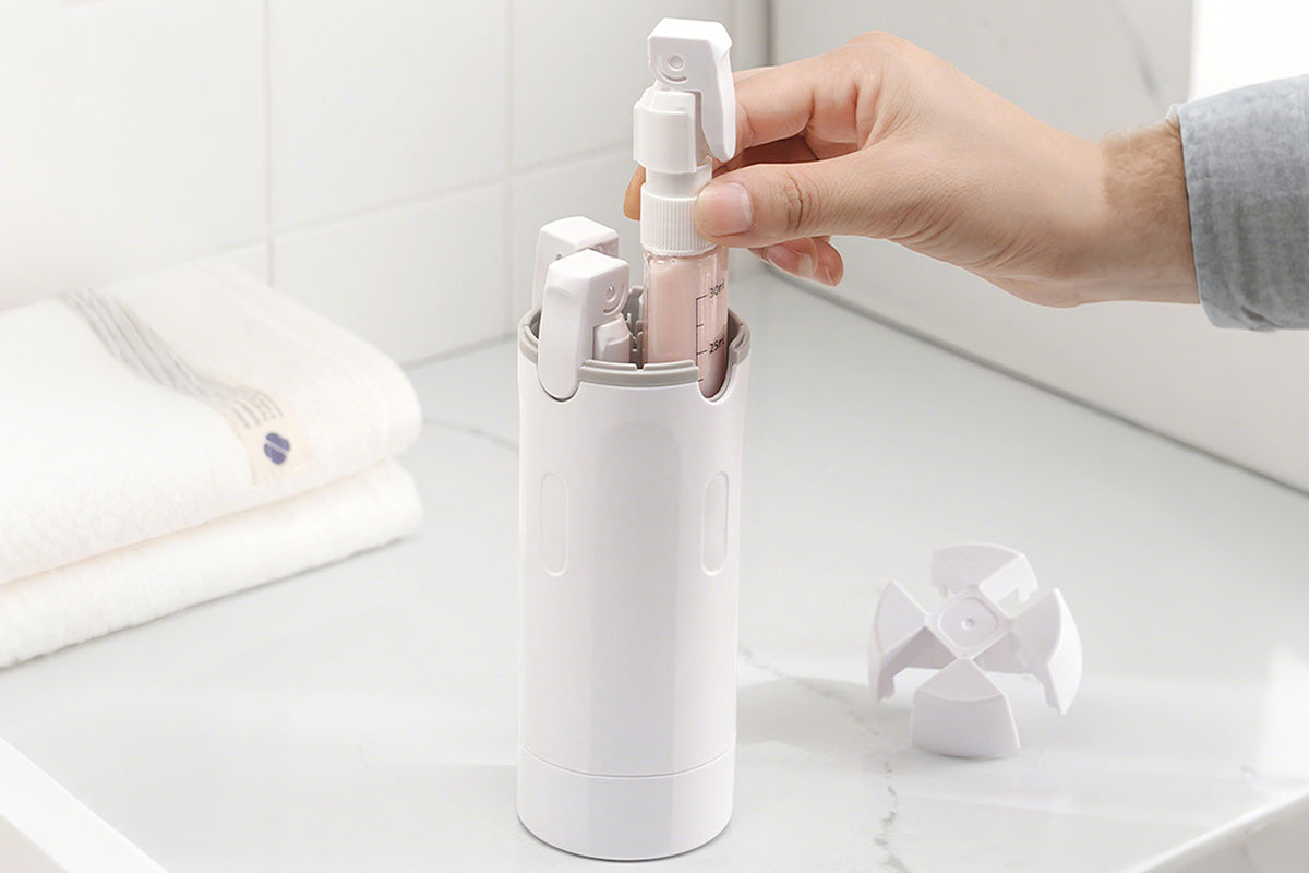 4 in 1 Travel Dispenser with 30ml Travel Bottles - White