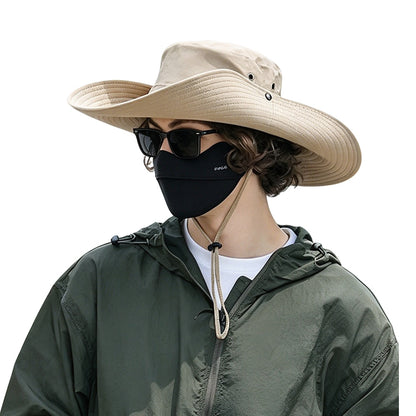 Wide Brim Boonie Hat Outdoor Sun Shade Hat with Chin Strap Khaki