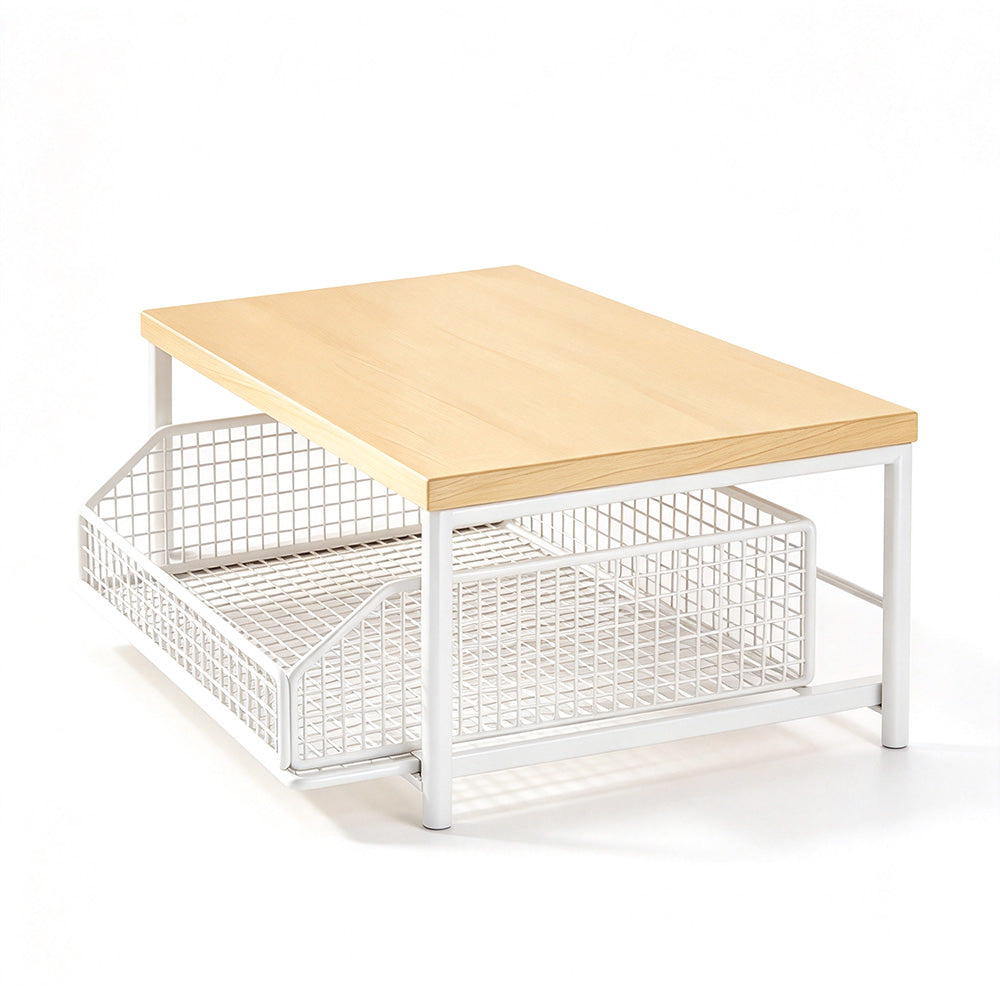 Kitchen Countertop Riser Storage Rack with Pull Out Drawer Basket - White