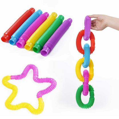 Toy 7Pcs Pop Tubes Plastic Stretch Fidget Pop Fun Toys Sensory Stress Relief Game for Kids-Seven Colors