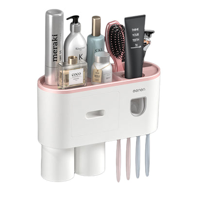 Wall Mounted Toothbrush Holder for Bathroom Automatic Toothpaste Dispenser Kit-Pink