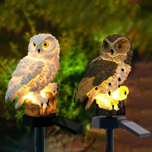 2pcs Owl Figure Solar LED Lights Resin Garden Waterproof Decorations with Stake for Outdoor Yard -White and Brown