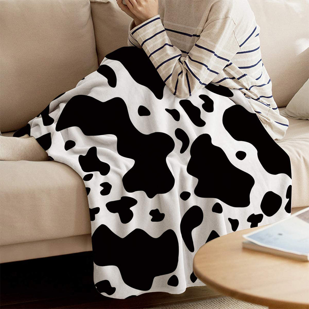 130x150cm Cow Print Blanket Bed Faux Fur Throw Blanket Flannel Blanket Black