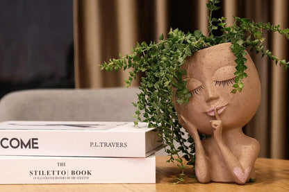 Face Planter Indoor Outdoor Plants Resin Head Planter with Drainage Hole-Brown