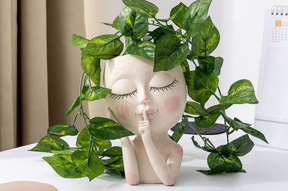 Face Planter Indoor Outdoor Plants Resin Head Planter with Drainage Hole-White