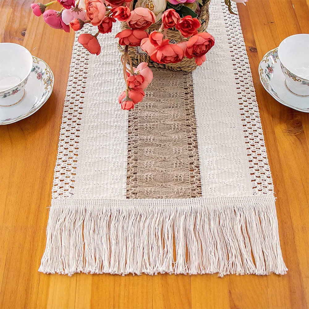 120x30cm Macrame Table Runners Burlap Cotton Table Flag with Tassels Style 1