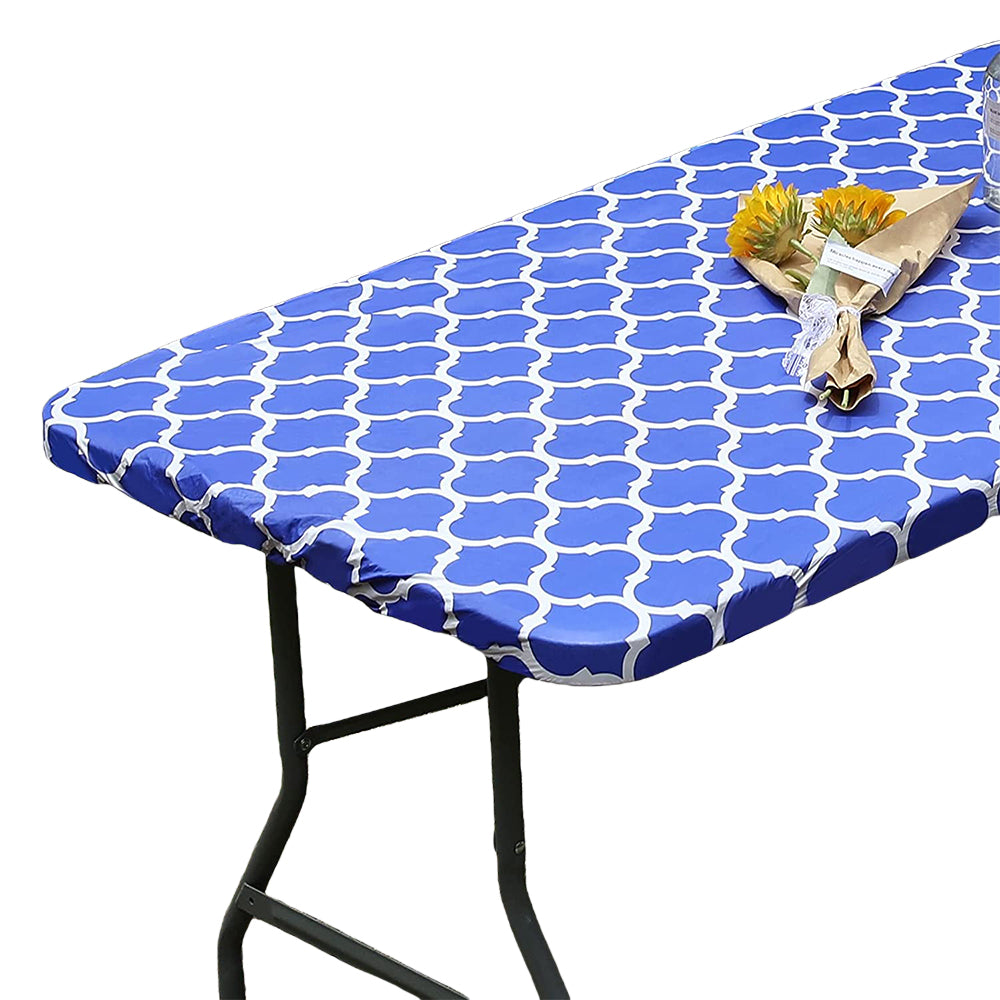 Rectangle Table Cloth Fitted Plastic Table Cover Elastic Edge Vinyl Folding Tablecloths for Picnic Party -Blue