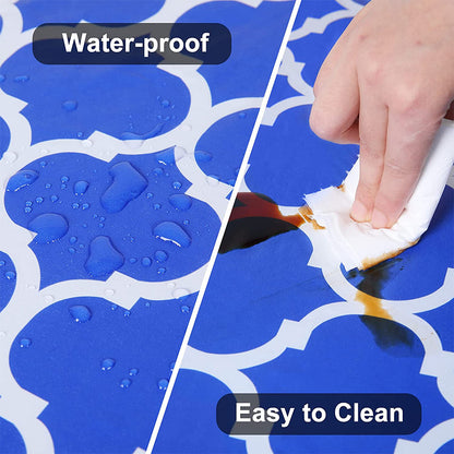 Rectangle Table Cloth Fitted Plastic Table Cover Elastic Edge Vinyl Folding Tablecloths for Picnic Party -Blue
