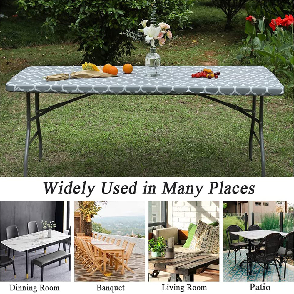 2pcs Rectangle Table Cloth Fitted Plastic Table Cover Elastic Edge Vinyl Folding Tablecloths for Picnic Party -Grey