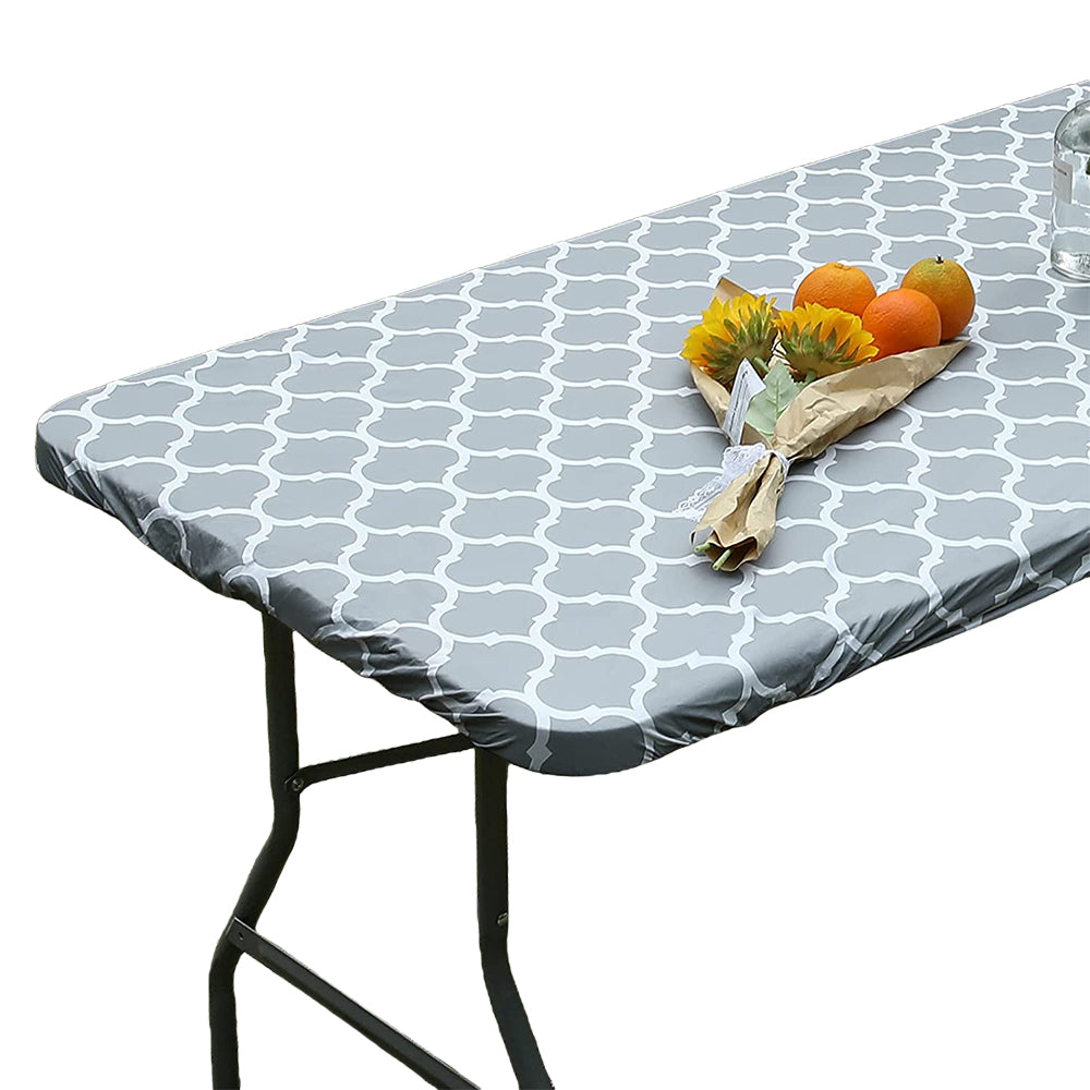2pcs Rectangle Table Cloth Fitted Plastic Table Cover Elastic Edge Vinyl Folding Tablecloths for Picnic Party -Grey