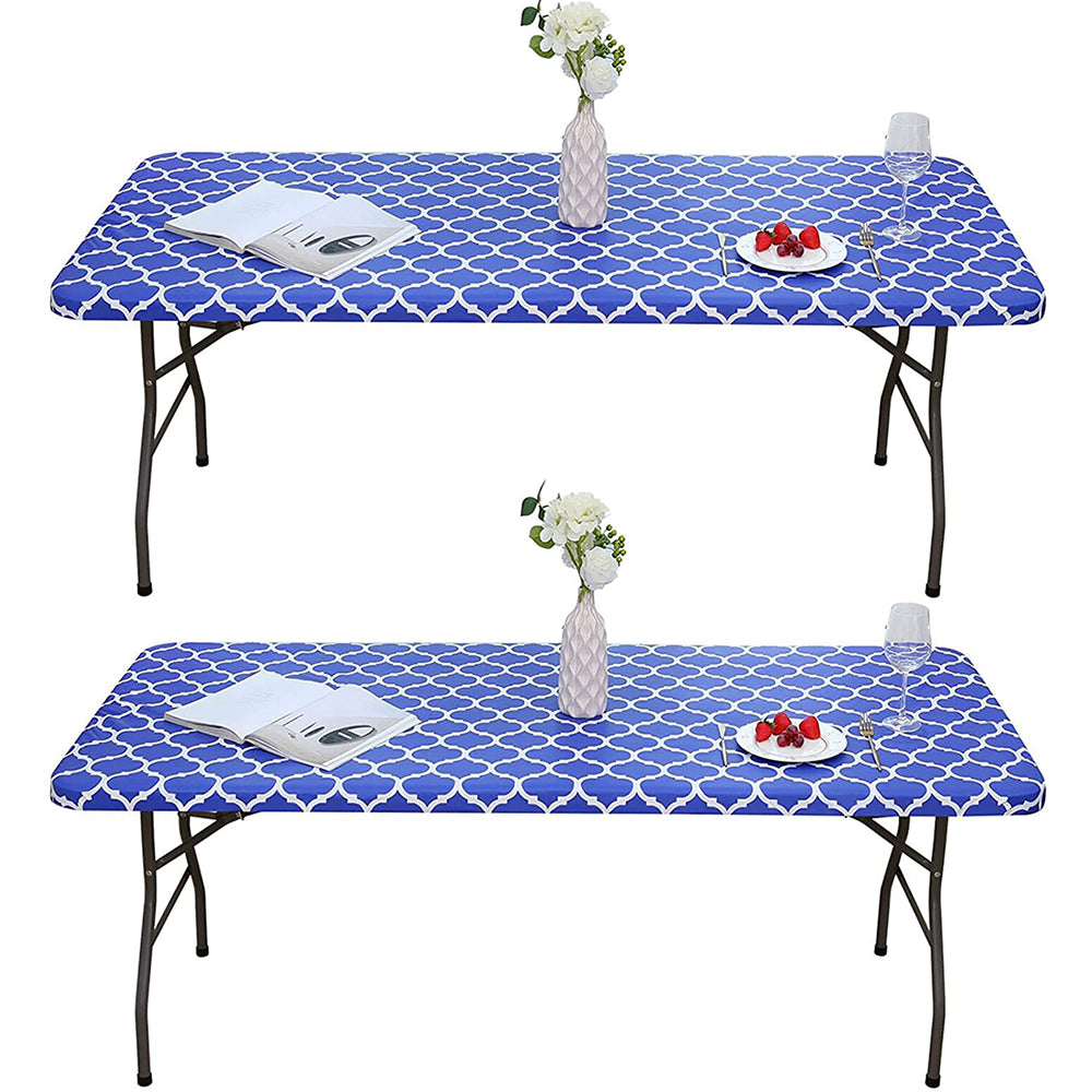 2pcs Rectangle Table Cloth Fitted Plastic Table Cover Elastic Edge Vinyl Folding Tablecloths for Picnic Party -Blue