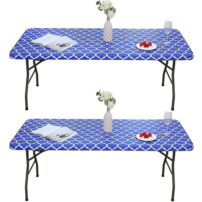 2pcs Rectangle Table Cloth Fitted Plastic Table Cover Elastic Edge Vinyl Folding Tablecloths for Picnic Party -Blue