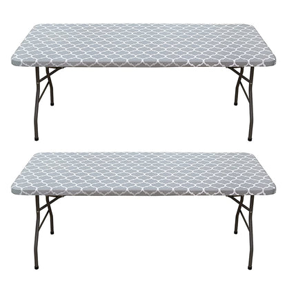 2pcs Rectangle Table Cloth Fitted Plastic Table Cover Elastic Edge Vinyl Folding Tablecloths for Picnic Party -Grey