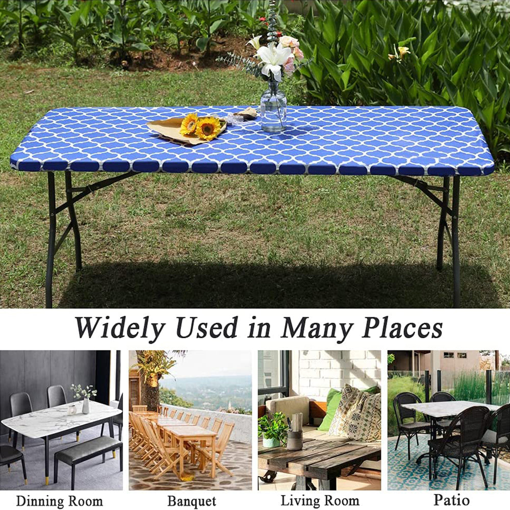 2pcs Rectangle Table Cloth Fitted Plastic Table Cover Elastic Edge Vinyl Folding Tablecloths for Picnic Party -Blue