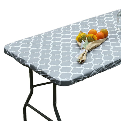Rectangle Table Cloth Fitted Plastic Table Cover Elastic Edge Vinyl Folding Tablecloths for Picnic Party -Grey